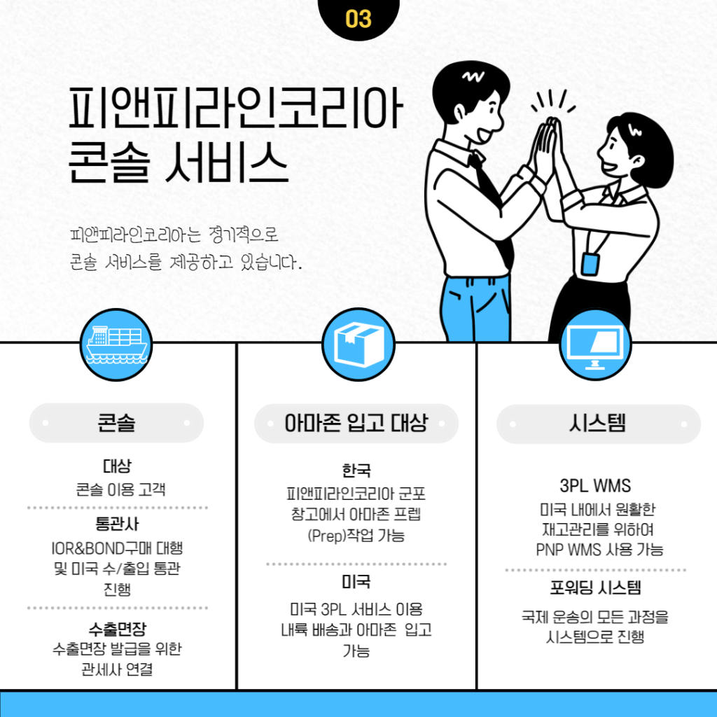피앤피라인은 해상운송콘솔, IOR대행, BOND 대행, 미국 통관 대행 등 미국 아마존 입고에 필요한 모든 물류서비스를 시스템으로 지원합니다.